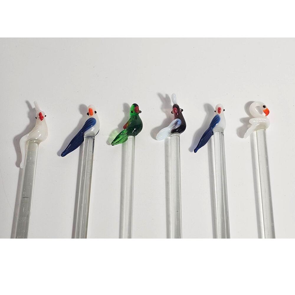 90s Hand Blown Glass Swizzle Sticks Set of 6 Figural Birds Lampwork Barware